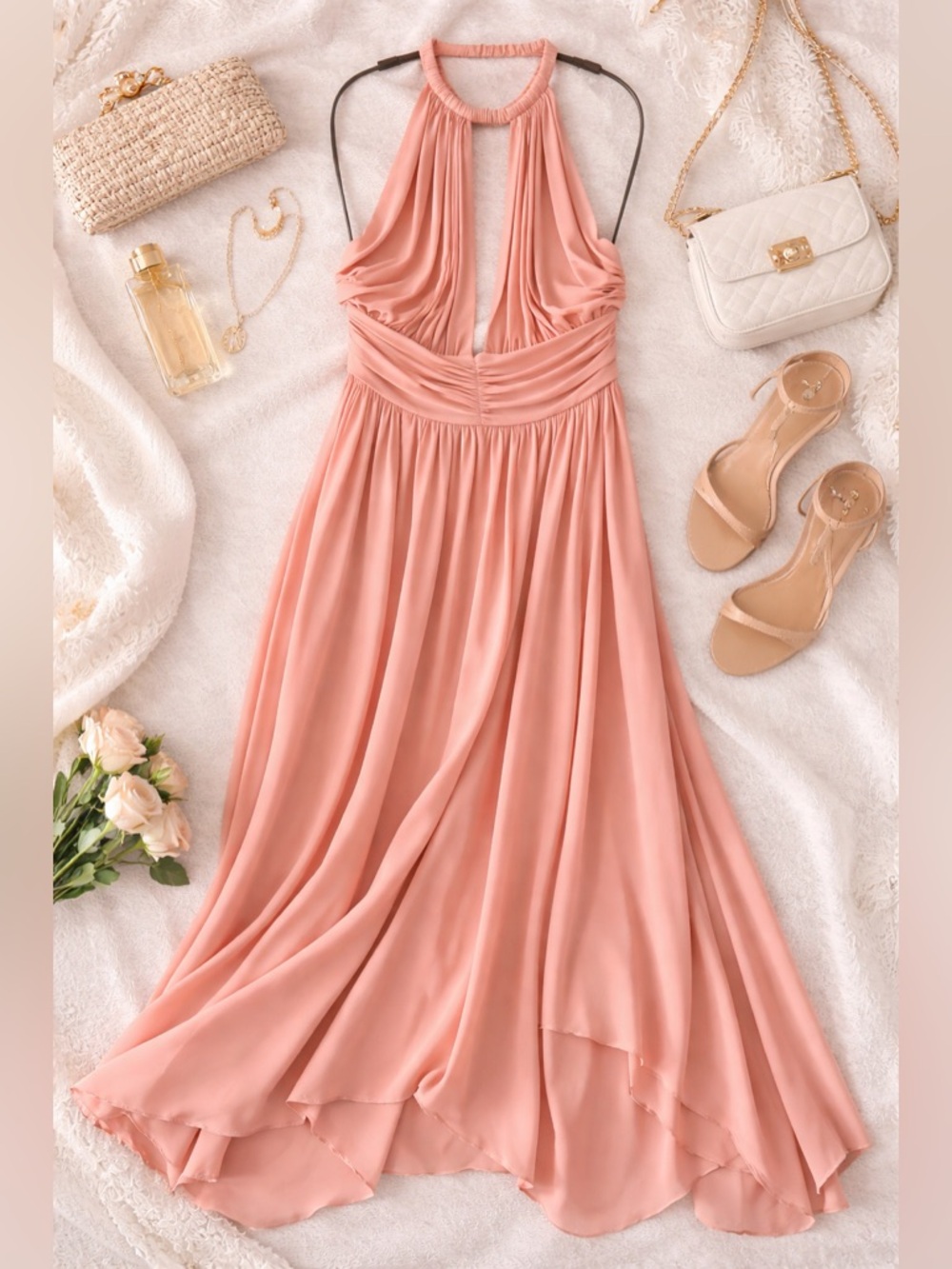 MISA Los Angeles Blush Pink Halter Maxi Dress XS NWT Flowy Keyhole Front